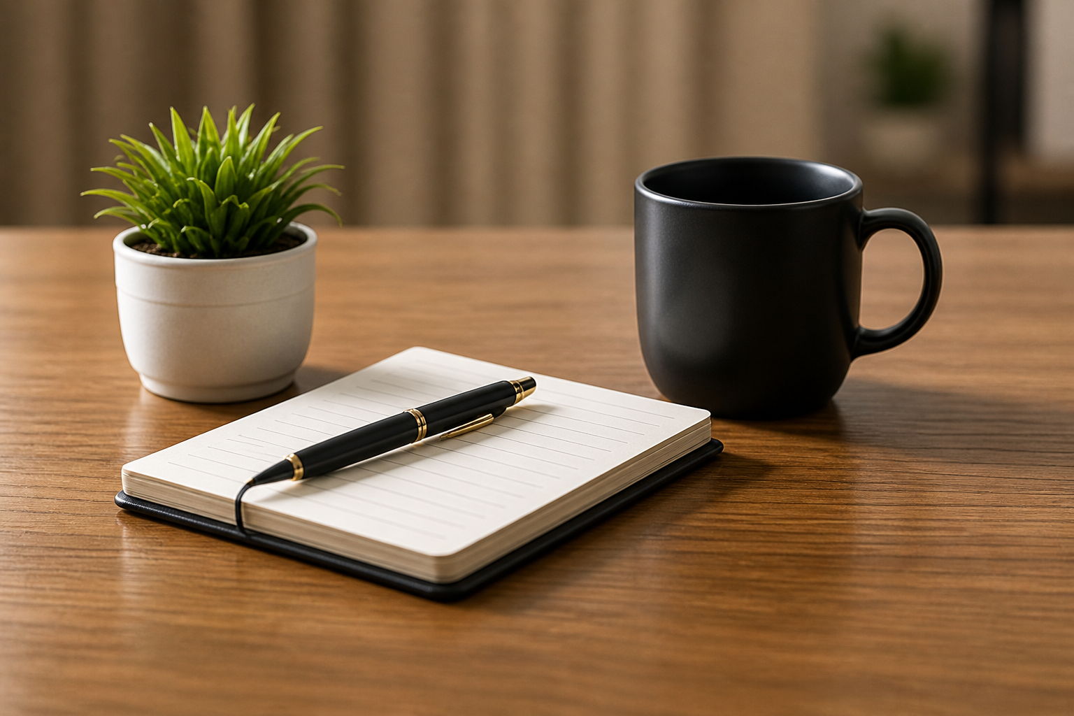 Notebook and coffee on a desk